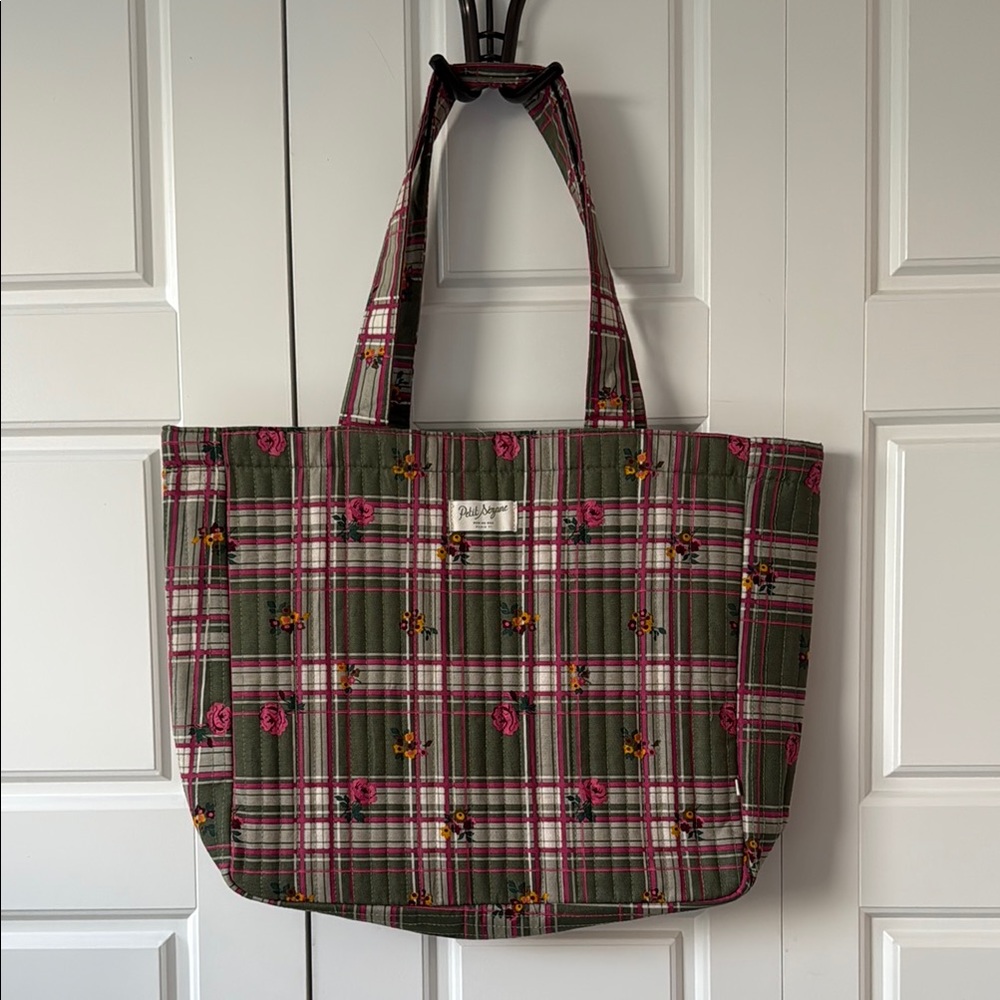 Sezane Green and Pink Plaid Tote Bag